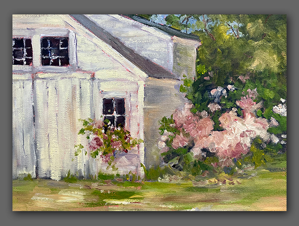 Jan Kilburn original oil, "Old Fashioned Rose Bushes"