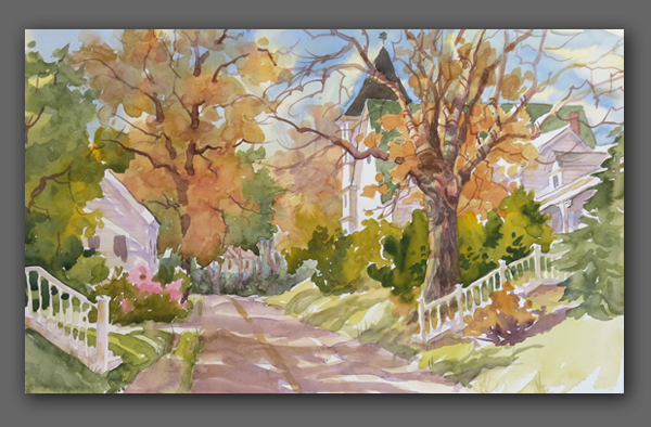 Jan Kilburn original watercolor, "Church Street Damariscotta"