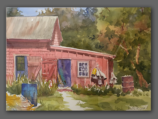 Jan Kilburn original watercolor, "Buoy Shed"