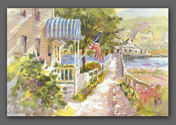 Jan Kilburn print, "Boothbay Footbridge"