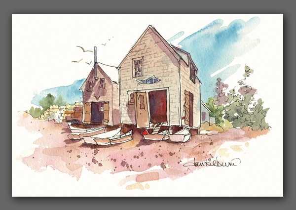 Jan Kilburn watercolor, "Monhegan Fish Houses"